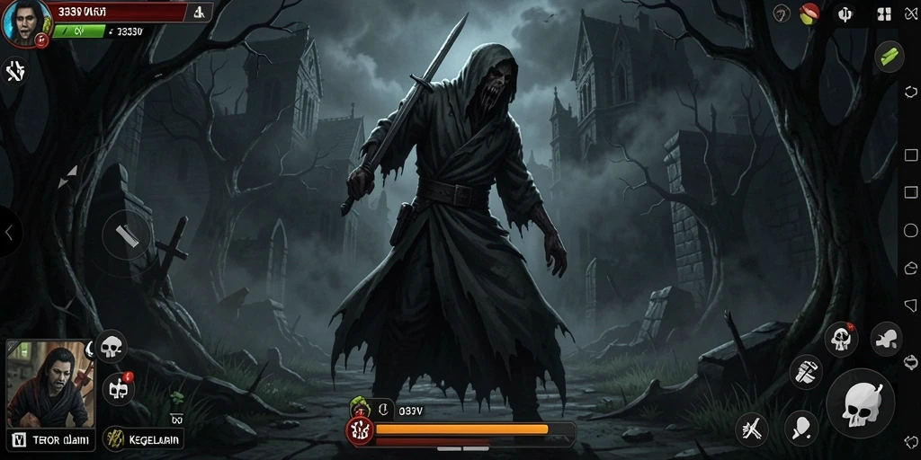 Screenshot gameplay 333V menampilkan suasana horor yang mencekam.