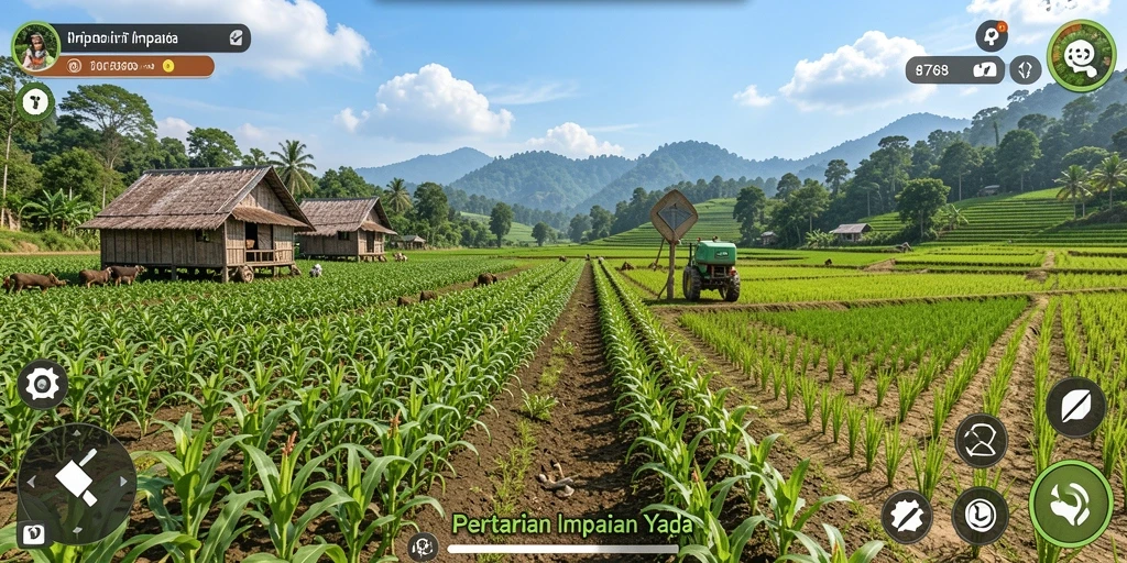 Tangkapan layar gameplay dari 8768 menunjukkan kebun yang subur dan berwarna.