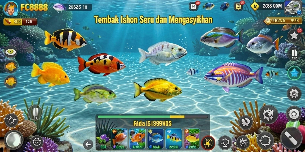 Screenshot gameplay FC888 menunjukkan keseruan menembak ikan.