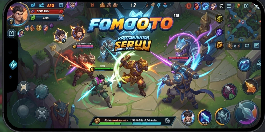 Screenshot aksi seru dari gameplay FOMOTOTO di arena MOBA.