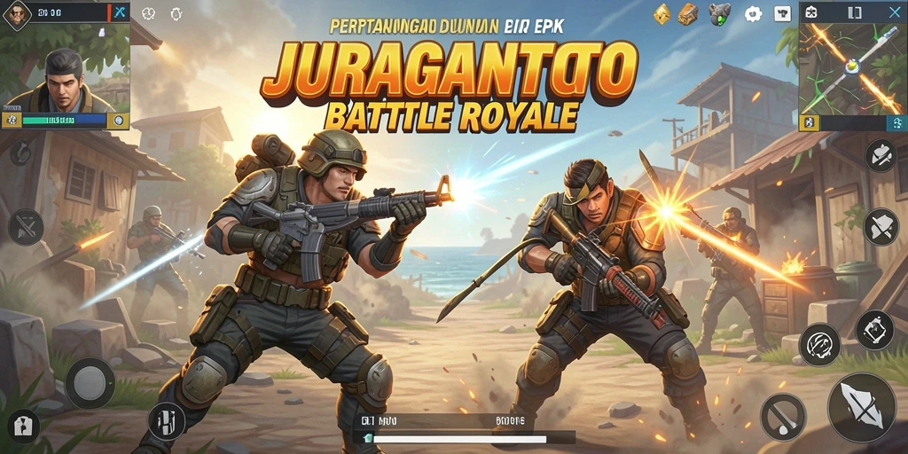 Tampilan utama gameplay Battle Royale JURAGANTOTO yang mendebarkan.