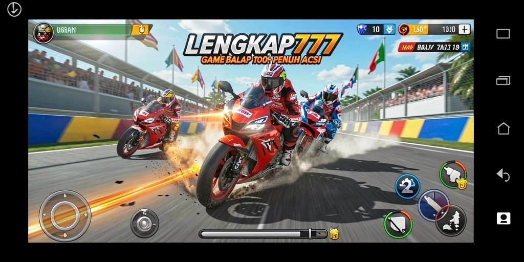 Gameplay LENGKAP777 dengan balapan motor yang seru dan intens.