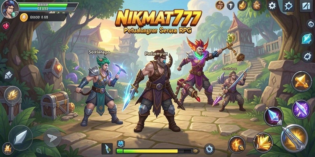 Screenshot gameplay NIKMAT777 menampilkan pertempuran epik di dunia RPG.