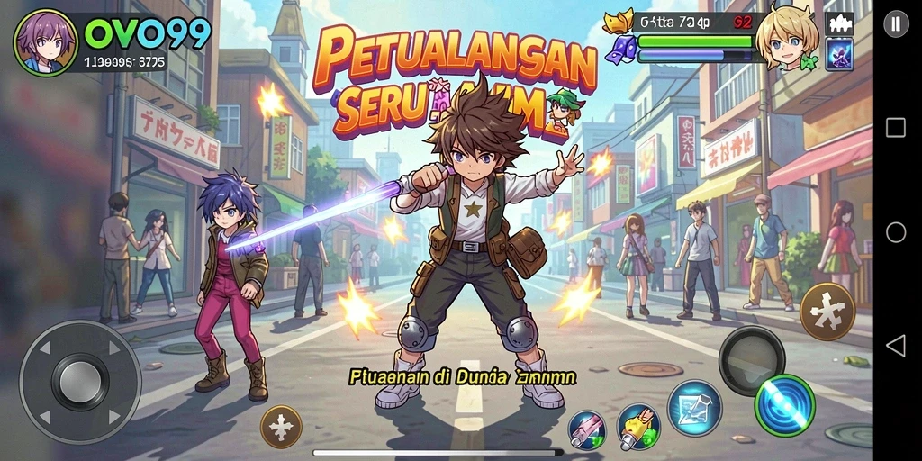 Tangkapan layar permainan OVO99 menampilkan pertarungan epik dalam gaya anime.