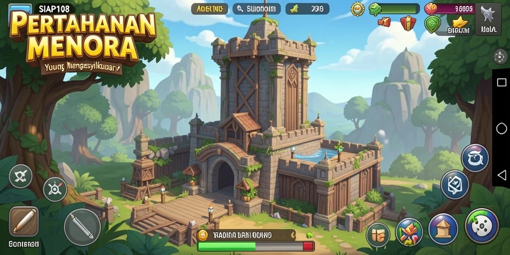 Tangkapan layar gameplay SIAP108 menampilkan pertarungan menara melawan gelombang musuh.