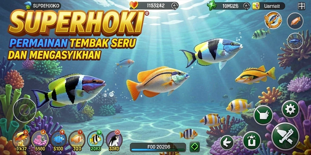 Screenshot SUPERHOKI menampilkan aksi seru dalam permainan Tembak Ikan.