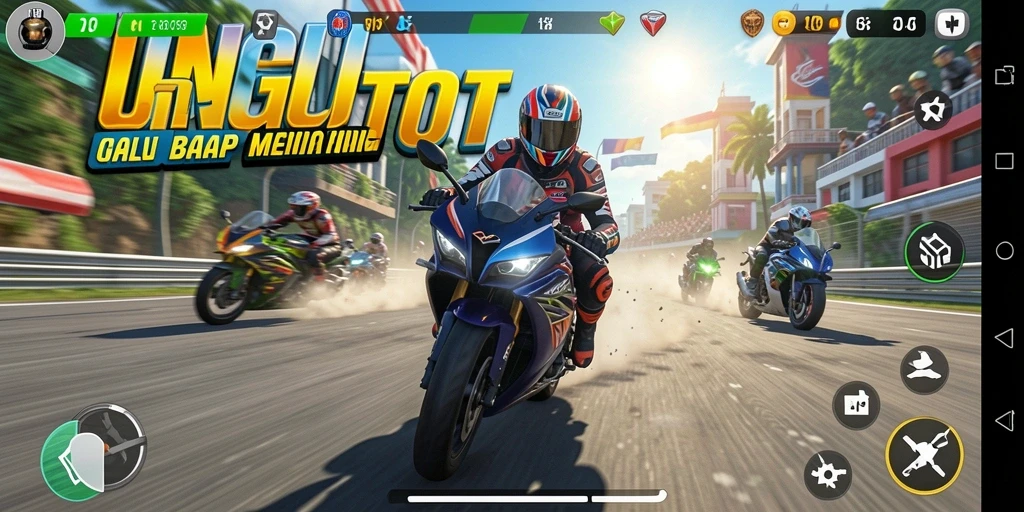 Gameplay balap motor yang seru dan menantang.